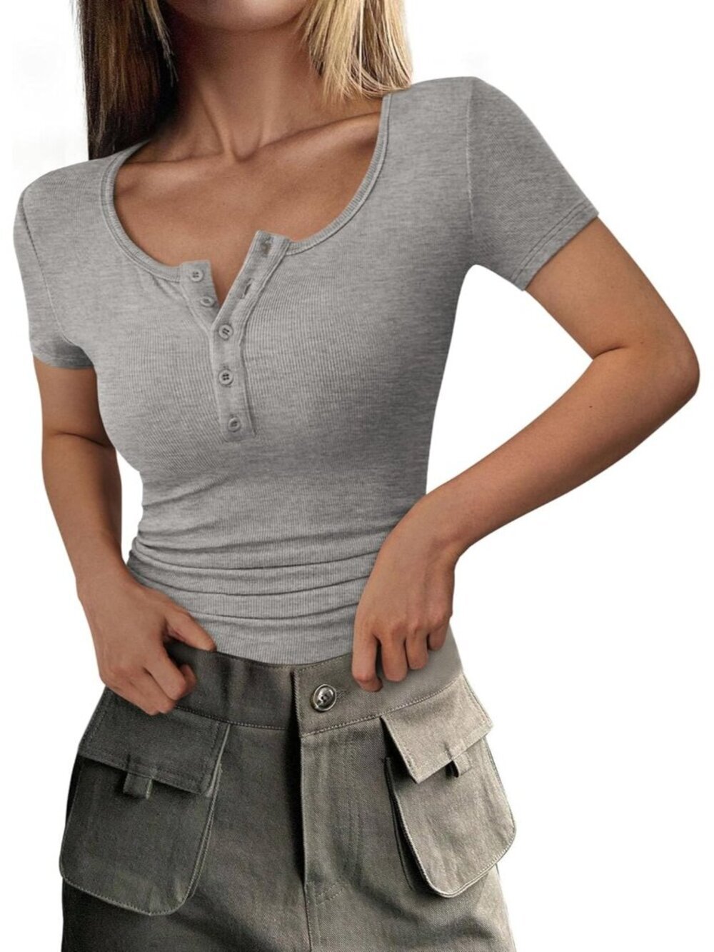 Women's Grey Short Sleeve Ribbed Henley Button Slim Fit Casual T Shirts